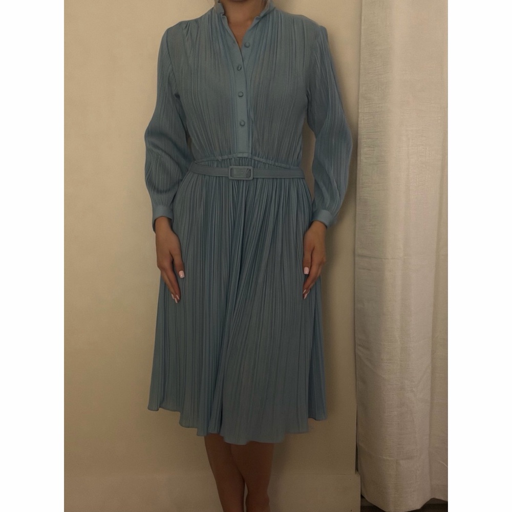 Pleated Long-Sleeve Midi Dress in Dusty Blue